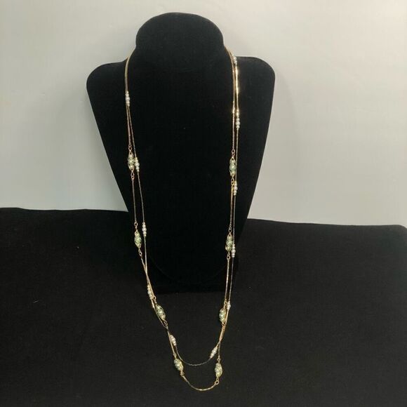 vintage korea gold tone caged pearls spaces snake chain long faux pearls elegant - Picture 2 of 5